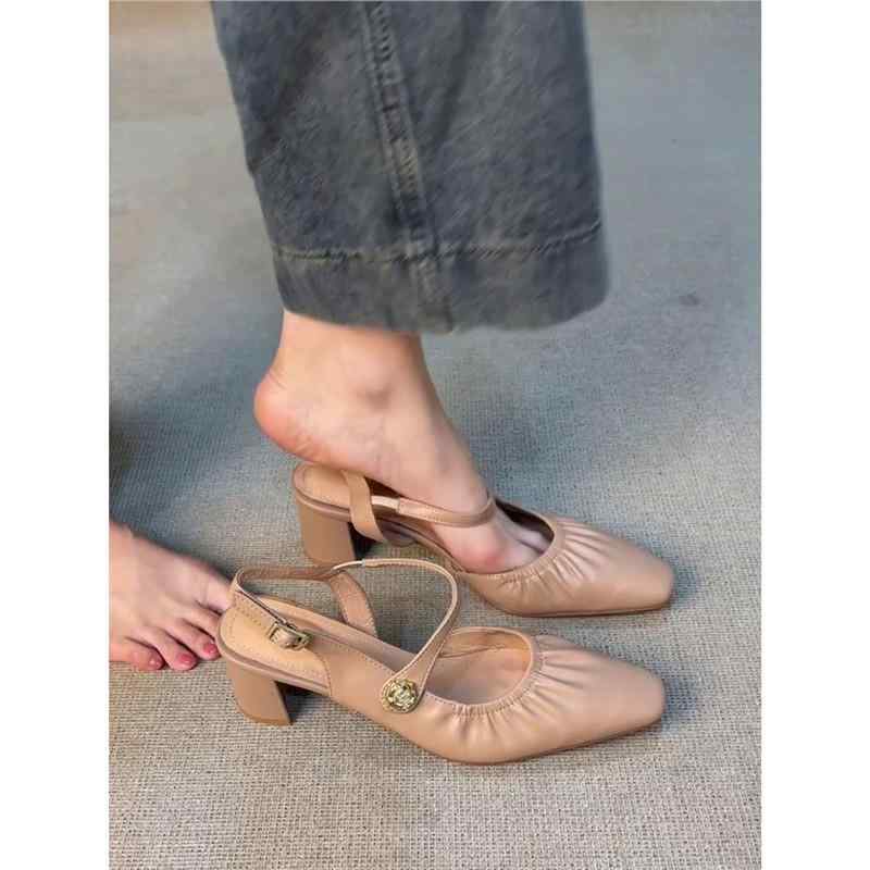 サンダル レディース 羊革 フレンチ レトロ バンド スクエアトゥ ローヒール バックストラップ おしゃ..