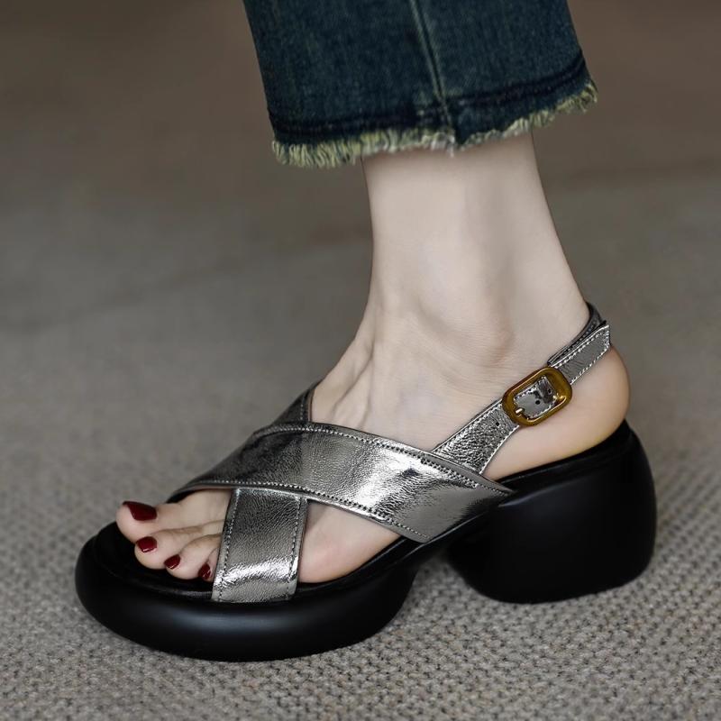 サンダル レディース 厚底 クロスストラップ スポーツ 羊革 シルバー 銀色 ハイヒール 6cm-8cm 婦人靴 ..