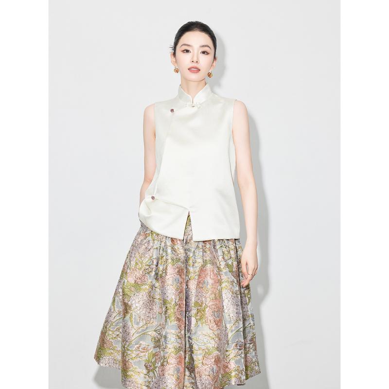 ベスト レディース 春 中国風 立襟 ノースリーブ トップス S M L 杏色 コットン混紡 レトロ おしゃれ着 普段使い