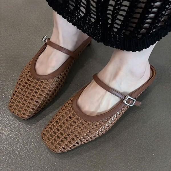 サンダル レディース 羊革 編み込み レザー スリッパ ミュール ローヒール フラット ぺたんこ 歩きやすい 履きやすい 婦人靴 つっかけ おしゃれ かわいい レトロ ヴィンテージ 普段使い
