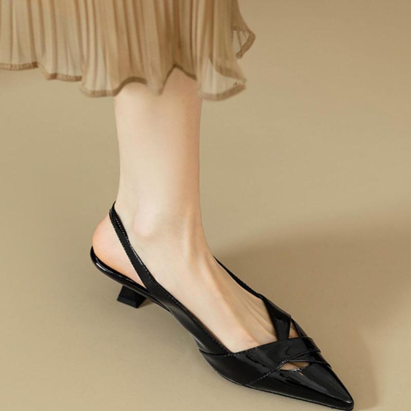 サンダル レディース 本革 牛革 フランス風 レトロ バックストラップ ポインテッドトゥ ローヒール スリングバック 普段使い 通勤 ブラック ワインレッド