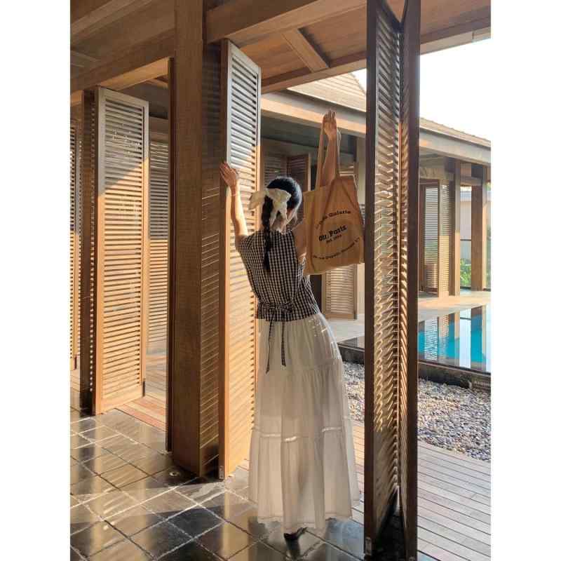 ベスト レディース 黒白格子柄 レトロ デザイン 丸首 ウエストシェイプ アクリル 通勤