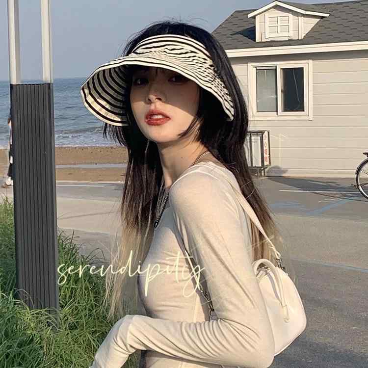 空頂帽子 女性用 韓国風 夏新作 格子柄 防晒 超大檐 遮陽 透気 防風 米 藍 黒 粉 綿 ポリエステル 混合 面ファスナー 調整 54-60cm ファッション 通勤 休闲 オールシーズン 便携 優雅 潮