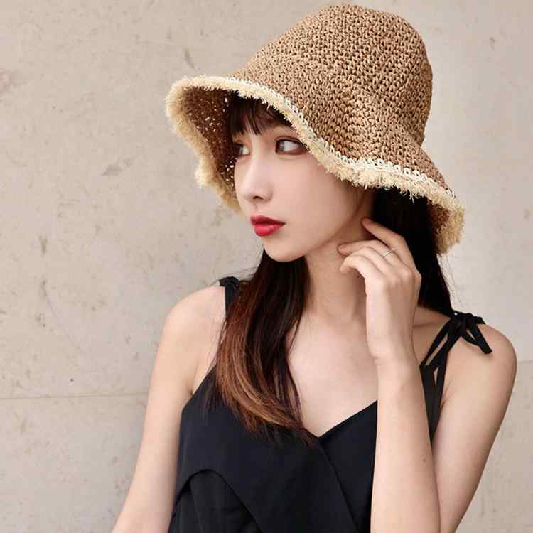 Hat - 麦わら帽子 レディース 夏 春夏 秋 草編み 手編み フリンジ 単色 丸頂 大つば 平檐 カーキ ベージュ 折りたたみ 防紫外線 遮光 海辺 ビーチ 旅行 外出 日常使い 軽量 通気性 かわいい 漁夫風 さわやか シンプル