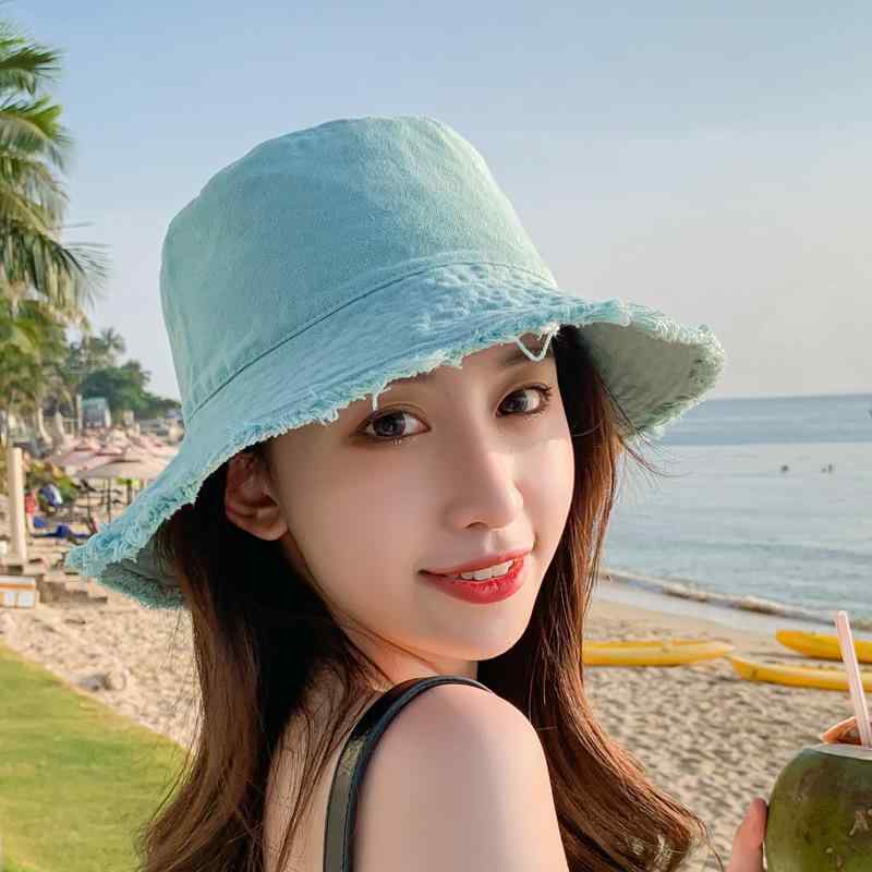 Hat - 漁夫帽 レディース 春夏 薄手 水洗デニム 毛縁 すっきり加工 帽子 純色 日系 レトロ ヴィンテージ風 做旧 百搭 ワイドブリム バケットハット 米 橙 ピンク 黒 黄色 青 コーヒー 夏 防晒 首元カバー 風防ぎ 遮光 小清新 甘め スタイル 清新