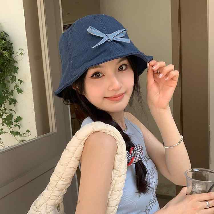 Hats - 漁夫帽 女性用 デニム バタフライボウ 夏 日系 文学的 コーディネート 遮陽 防晒 通気 綿 ポリエステル 丸頂 短檐 紺 黒 ベージュ 頭囲54-59cm 百搭 優雅 ミニマル 休闲 OL ファッション シック 高級感 ファッション通勤 2024 春
