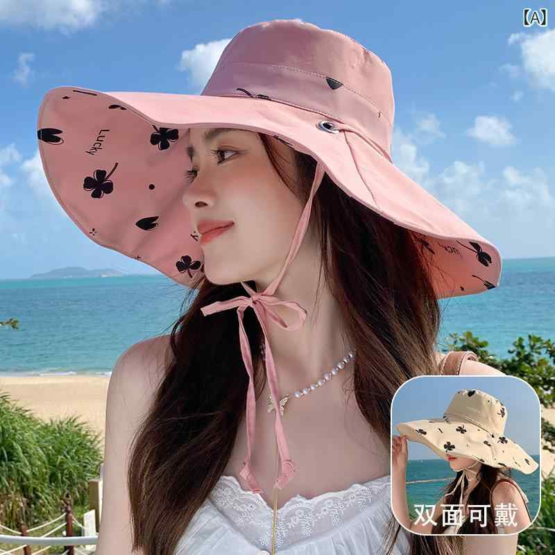 レディース 漁夫帽 大沿 麦わら帽子 夏 ピンク 黒 卡其 米色 綿 透気 防晒 遮阳 平顶 大檐 清新 甜美 スタイル 外出 旅行 沙滩 帽子 女性 成人 盆帽 双面