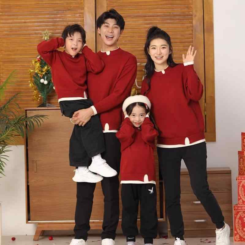 ニット・セーター 親子ペア 秋冬 加厚 赤色 家族お揃い コットン 100％ 暖か ソフトタッチ カジュアル ..