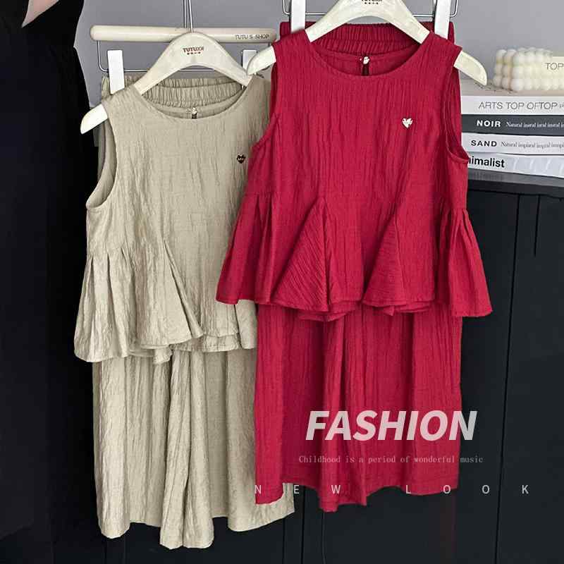 子供用セットアップ 女の子 夏物 ノースリーブ トップス スカート付きパンツ 2点セット 8歳以上 薄手 綿混紡 花柄 グレーグリーン バーガンディ