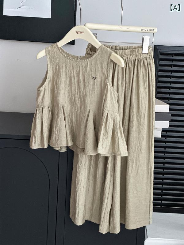 子供用セットアップ 女の子 夏物 ノースリーブ トップス スカート付きパンツ 2点セット 8歳以上 薄手 綿混紡 花柄 グレーグリーン バーガンディ 2