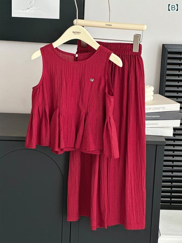 子供用セットアップ 女の子 夏物 ノースリーブ トップス スカート付きパンツ 2点セット 8歳以上 薄手 綿混紡 花柄 グレーグリーン バーガンディ 3