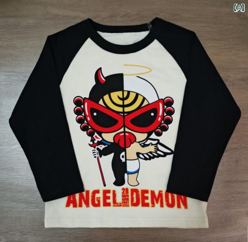 キッズ Tシャツ 長袖 黒白天使プリント 春秋 男女兼用 子供服 トップス カットソー...