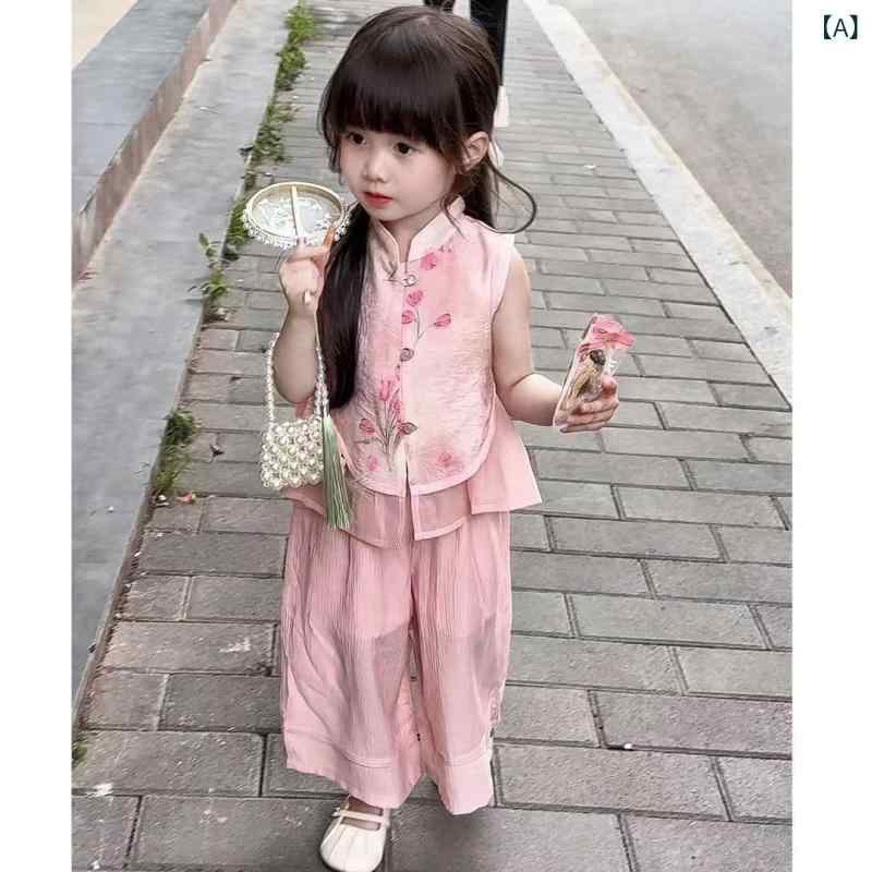 子供用チャイナドレス セットアップ 女の子 夏物 ノースリーブ ズボン 花柄 綿 中...