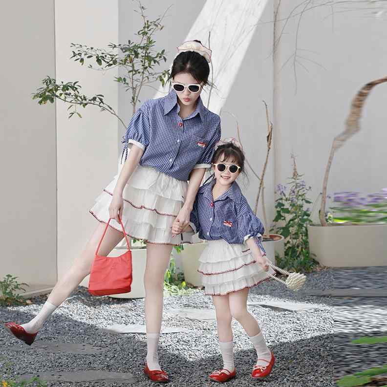 親子 シャツ 春夏 韓国風 子供服 チェック柄 パフスリーブ 刺繡 チュールスカート かわいい おしゃれ ママとお揃い リンクコーデ