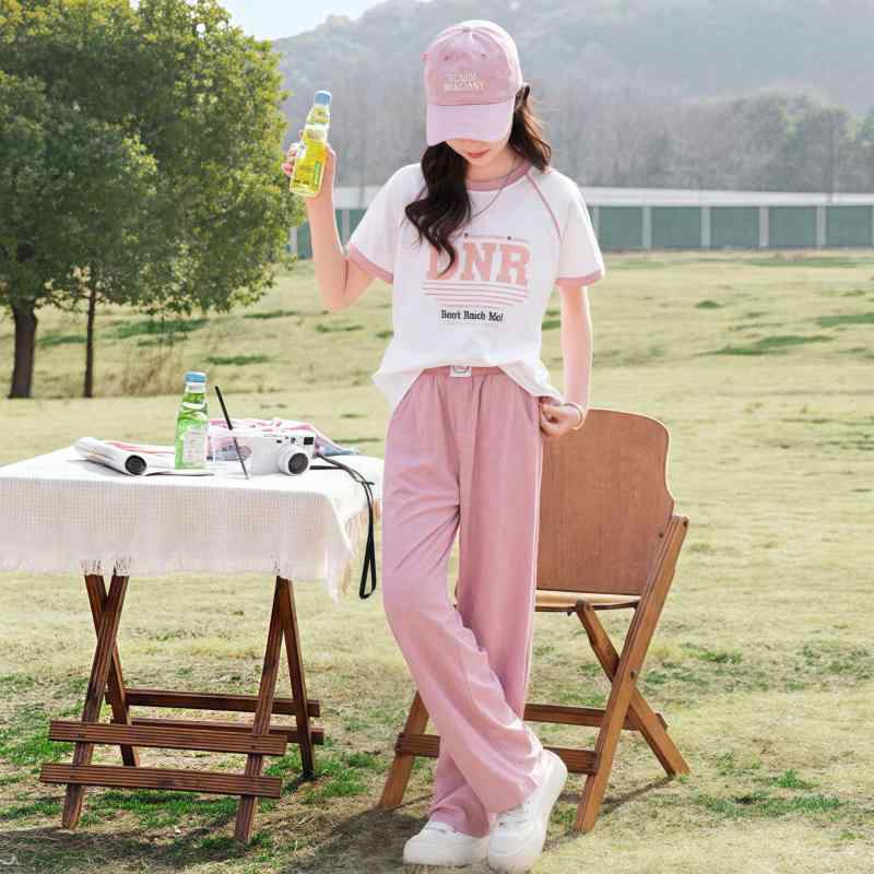 キッズ ガールズ 子供服 スポーツ カジュアル セットアップ 半袖 Tシャツ ロングパンツ 2点セット 薄手 綿 ピンク系 グリーン系