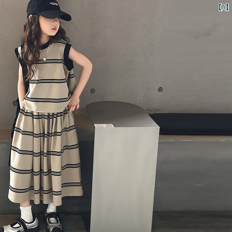 子供用タンクトップ &amp; ワイドレッグパンツ 2点セット 女の子 夏服 カジュアル ストライプ柄 120cm 130cm 140cm 150cm 160cm 170cm 普段着 部屋着 B類 - 2
