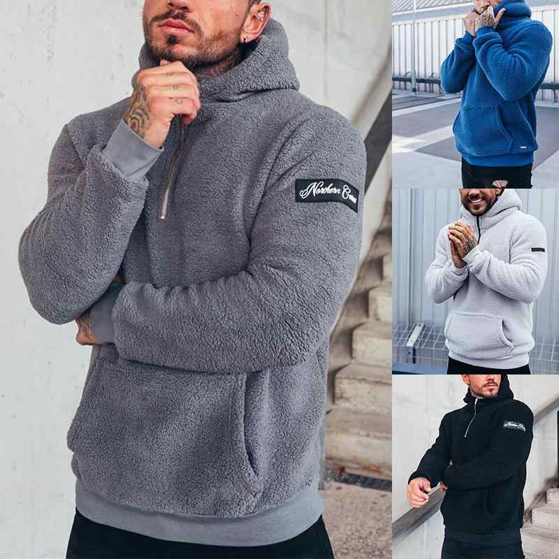 Parka - メンズ スウェット トレーナー トップス 長袖 プルオーバー フード付き 無地 秋冬 スポーツ ウェア 綿 ブラック ホワイト グレー ブルー