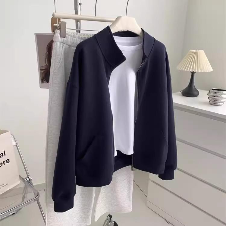 パーカー レディース 韓国 ファッション 秋 立襟 ジップアップ トップス 紺色 ネイビー ポリエステル ..