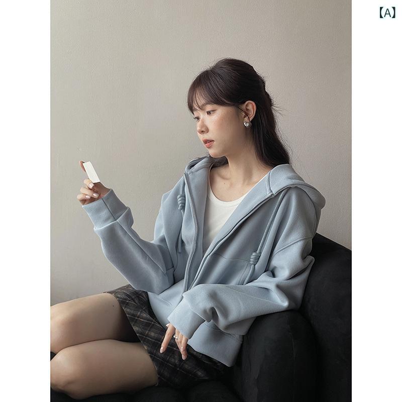 パーカー レディース 韓国風 ゆったり スウェット カーディガン ポリエステル 秋冬 フード付き トップス 長袖 部屋着 普段使い