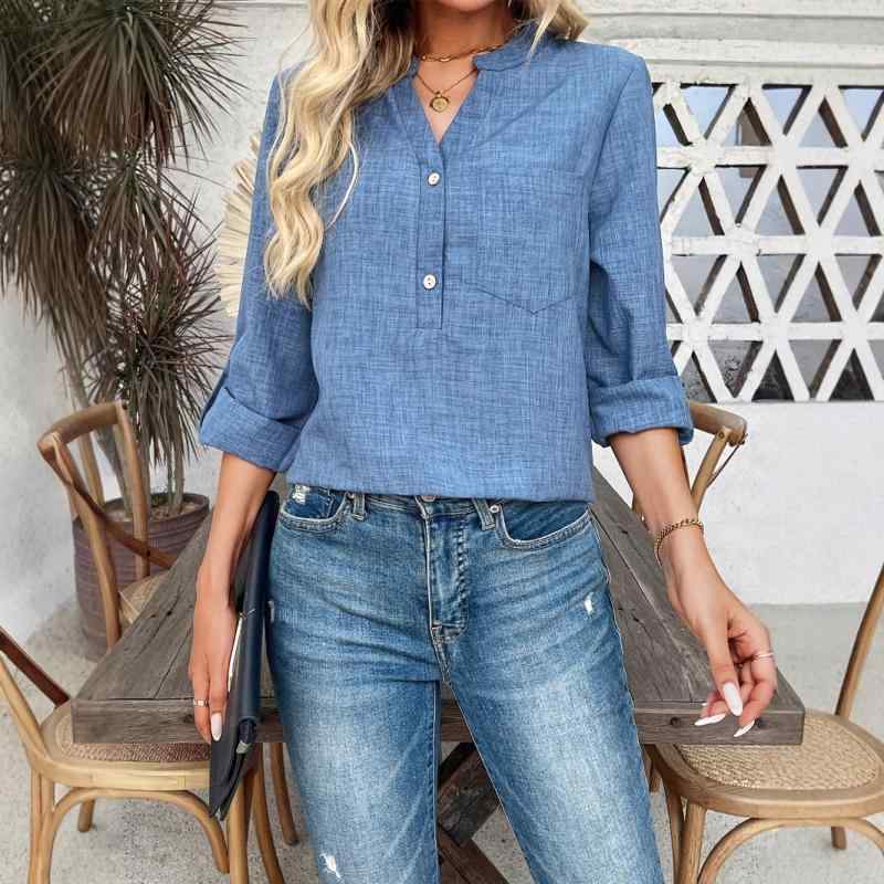 シャツ レディース Vネック 無地 長袖 ポリエステル 欧美風 ゆったりサイズ ブルー