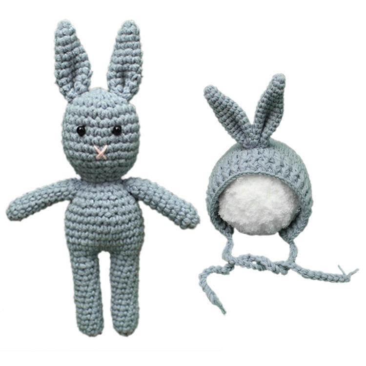 ベビー ニット帽 手編み ウサギ人形付き かわいい 秋冬 乳幼児 帽子 0～6ヶ月 ホワイト ピンク ブルー グレー