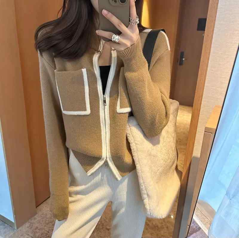 ニット カーディガン レディース 秋冬 ダブルジップ 配色 ポリエステル 長袖 ショート丈 トップス 羽織り 通勤 きれいめ かわいい 韓国風 ブラック ホワイト グレー