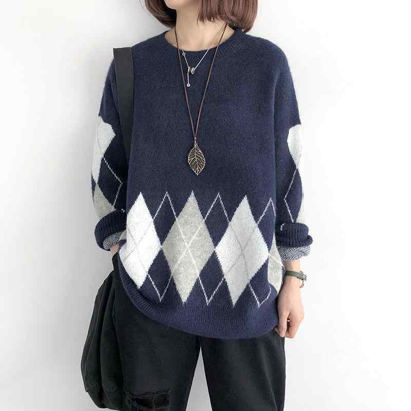 ニット レディース 菱形 幾何学模様 プルオーバー ラウンドネック セーター トップス 長袖 ゆったり 厚..