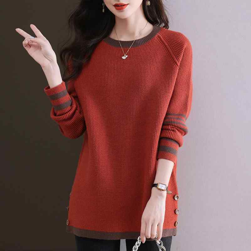 ニット レディース 大きいサイズ ラウンドネック プルオーバー ゆったり スリット ボタン 秋冬 ミドル丈 トップス セーター チュニック ウール ポリエステル混紡 グリーン ワインレッド ベージュ L XL 2XL 3XL 4XL