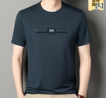 メンズ Tシャツ 半袖 丸首 夏用 ゆったりシルエット 薄手 ポリエステル 真絲 風 プリント ロゴ スワロフスキー風 刺繍 金属装飾 免アイロン 加工 ネイビー グリーン グレー レッド ベージュ ブラック 成人男性 中年向け ファッション カジュアル
