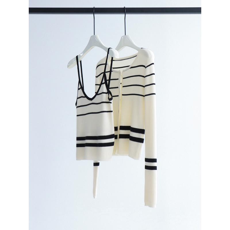ニット レディース 秋冬 法式 ストライプ柄 Vネック カーディガン ショール アンサンブル 2点セット トップス 通勤着 普段使い
