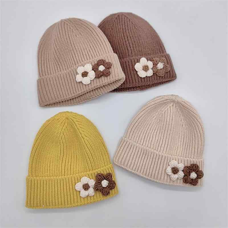 ニット帽 ベビー キッズ 小花 かわいい 女の子 赤ちゃん ウール混紡 秋冬 防寒 保温 ベージュ コーヒー..