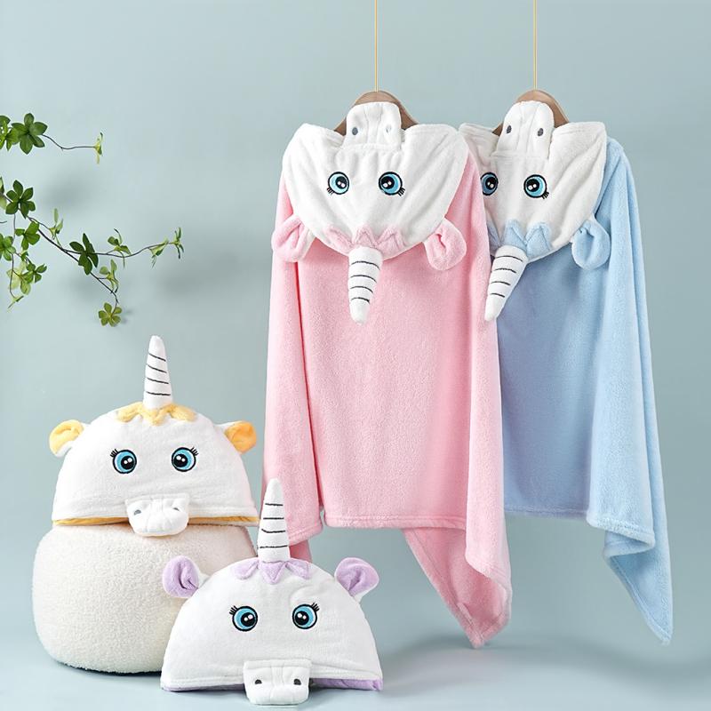 ベビー バスローブ ポンチョ 子供用 コーラルフリース フード付き タオル 紫色ユニコーン 70 130cm 吸..
