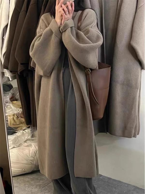 ニットカーディガン レディース 秋冬 韓国風 ゆったりシルエット 無地 ロング丈 トップス アウター ミドル丈 接触冷感 伸縮性 ベージュ ブラック ピンク系(4)