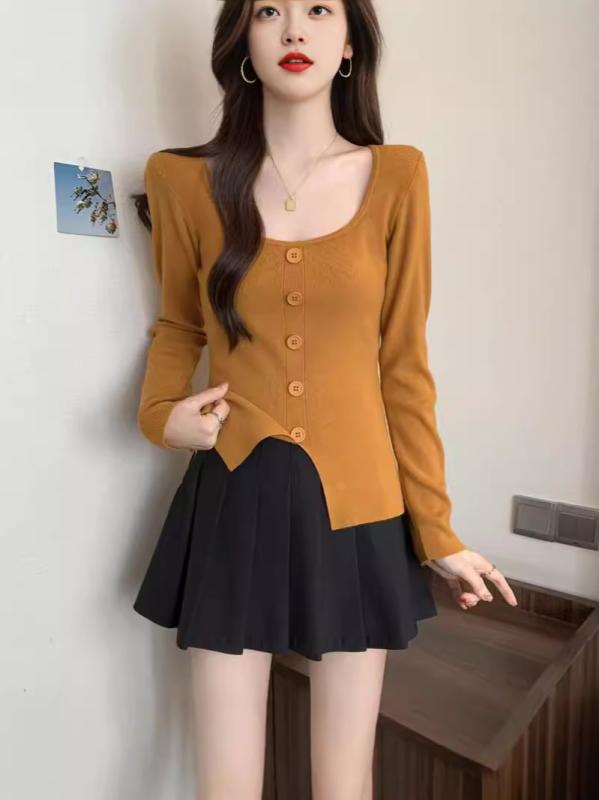 Long-Sleeved Knit - ニット レディース 韓国風 スクエアネック 長袖 トップス プルオーバー 無地 秋冬 きれいめ フェミニン ブラック ワインレッド オレンジ ベージュ