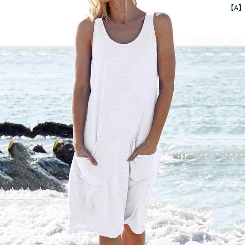 ワンピース レディース 膝丈 ポリエステル 無袖 ニット 背心 サマーワンピース ビーチ リゾート カジュアル ゆったり Uネック 白 ホワイト ピンク系