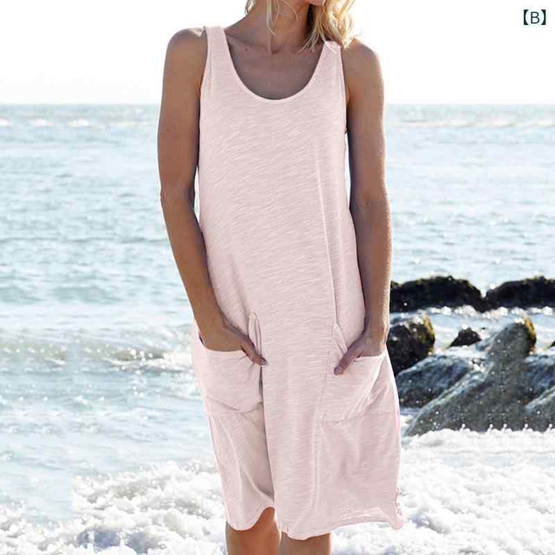 ワンピース レディース 膝丈 ポリエステル 無袖 ニット 背心 サマーワンピース ビーチ リゾート カジュアル ゆったり Uネック 白 ホワイト ピンク系