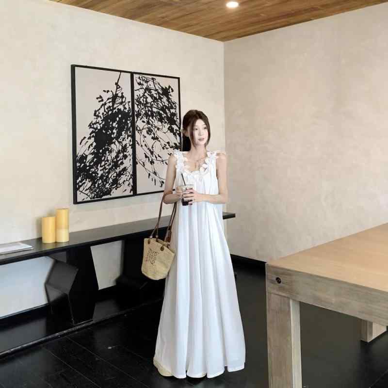 ワンピース レディース ノースリーブ Aライン Uネック ミディ丈 立体 花柄 無地 白 ホワイト 80~90% その他 ゆったり 普段使い パーティー