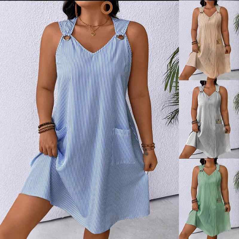 ワンピース レディース 秋冬 Aライン ノースリーブ Vネック ストライプ柄 ショート ミニ丈 膝上 ポケット付き 綿 ポリエステル ブルー イエロー ブラック グリーン 通勤 エレガント