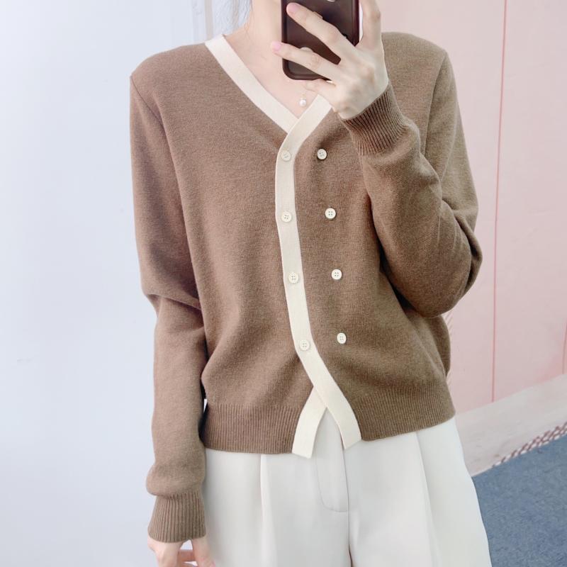 ニット レディース 配色 Vネック カーディガン 秋冬 長袖 トップス プルオーバー 普段使い 通勤 エレガント ブラック チョコレートブラウン