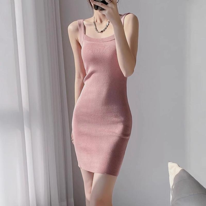 ワンピース レディース 春夏 ニット キャミソール 高腰 無袖 タイト セクシー ミニスカート インナー ..