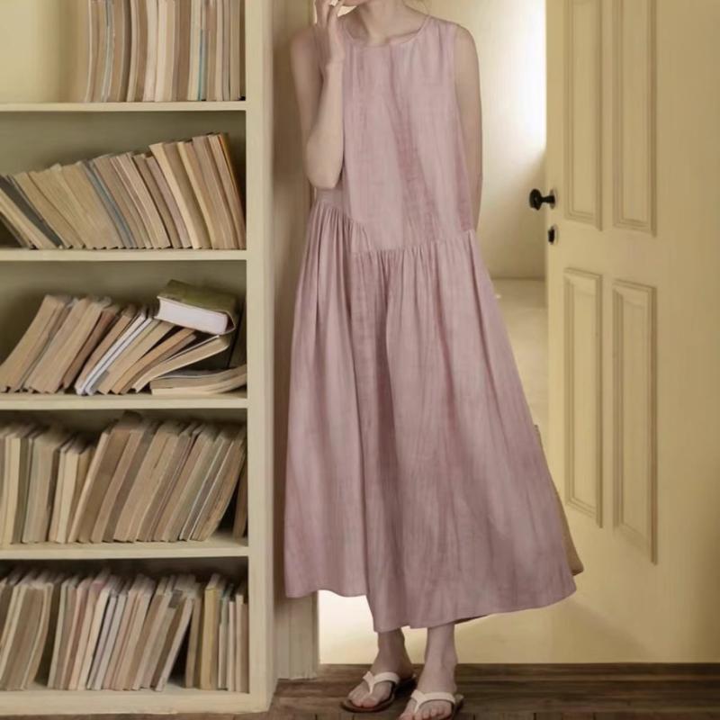 ワンピース レディース 手染め 再生繊維混紡 ノースリーブ ロング 薄霧ローズ エレガント 上品 きれいめ ラウンドネック