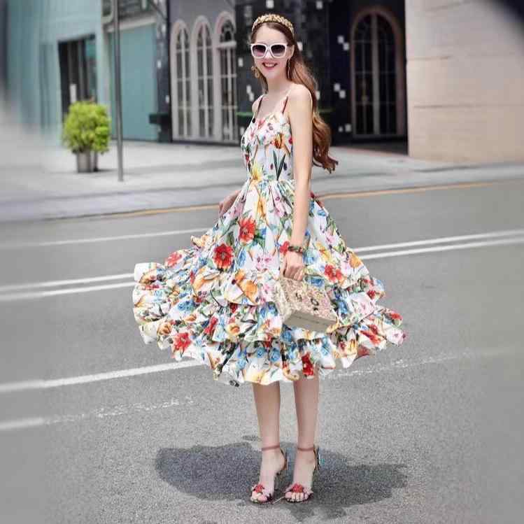 ワンピース レディース 背心裙 中腰 花柄 ケーキスカート ミディ丈 膝丈 ポリエステル 綿 ノースリーブ..