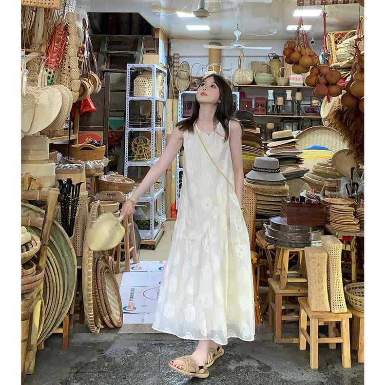 ワンピース レディース ノースリーブ Aライン 膝丈 チュニック 提花 襟なし ゆったり ポリエステル ミモレ丈 春夏 ナチュラル