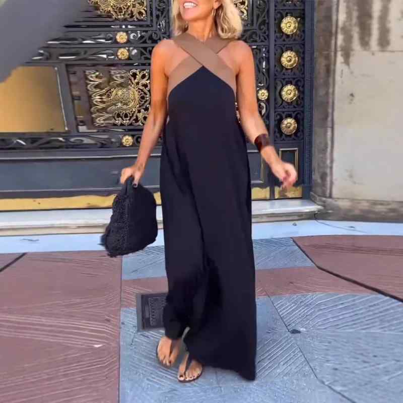 ワンピース レディース Aライン ロング丈 ノースリーブ ポリエステル 無地 背中開き セクシー パーティードレス 欧美風 ブラック ホワイト ワインレッド