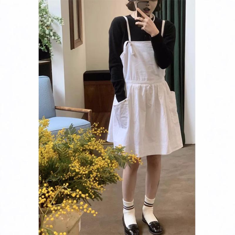 ワンピース レディース 韓国風 春夏 ノースリーブ 背当て ジャンパースカート 膝丈 Aライン ゆったり 麻 綿 白色