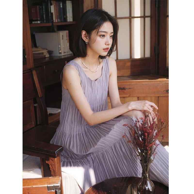 ワンピース レディース 薄手 圧着加工 ノースリーブ Aライン 膝丈 チュニック ゆったり gray 系 パープル ブラック ベージュ ブルー オレンジ 通勤 通学 デート