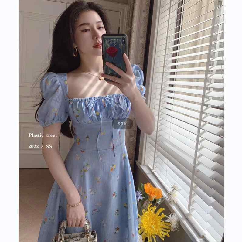 ワンピース レディース A字 背带 长裙 3D 立体 印花 泡泡袖 方领 涤纶 碎花柄 春夏 清新 スイート