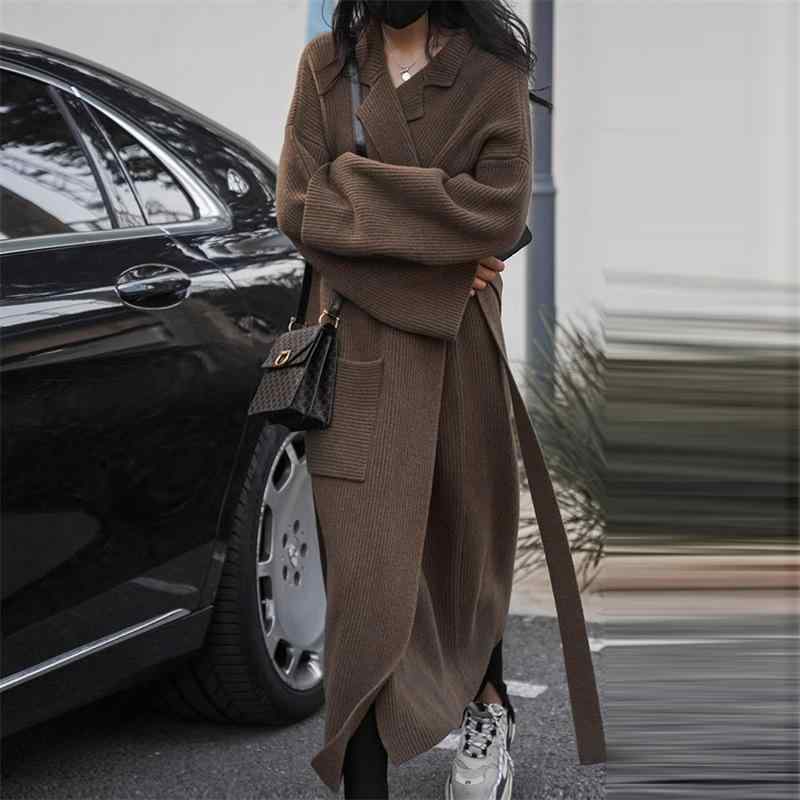 カーディガン レディース ニット ロング丈 翻 Collar 秋冬 高級感 やわらか ゆったり アウター 羽織り ..