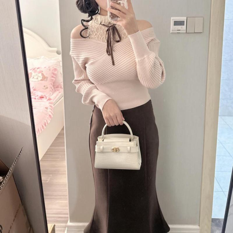 乐天商城 - ニット レディース トップス ドッキング レース 長袖 春秋冬 きれいめ かわいい 私服 S M L XL