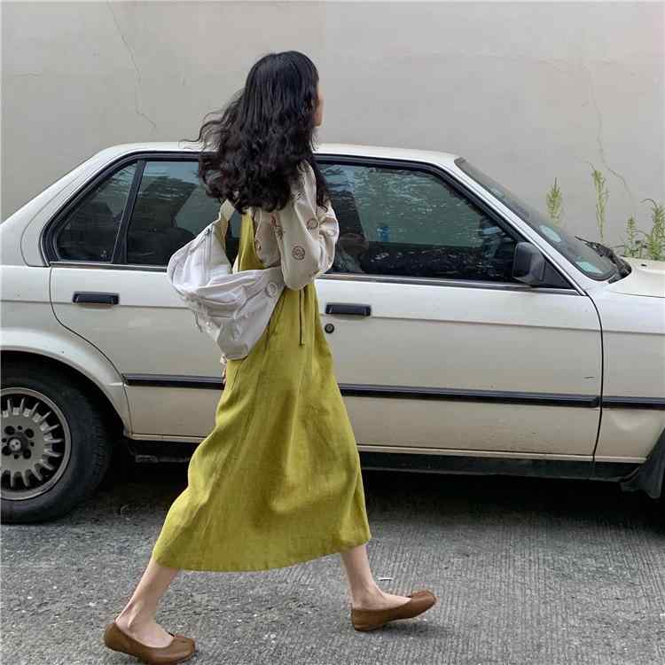 ワンピース レディース 吊りスカート 高見え 麻混 リネン Aライン ロング丈 ノースリーブ 快適 流行色 レモンイエロー ゆったり かわいい